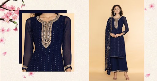 Navy Blue Floral Embroidered Kurta with Trousers & With Dupatta